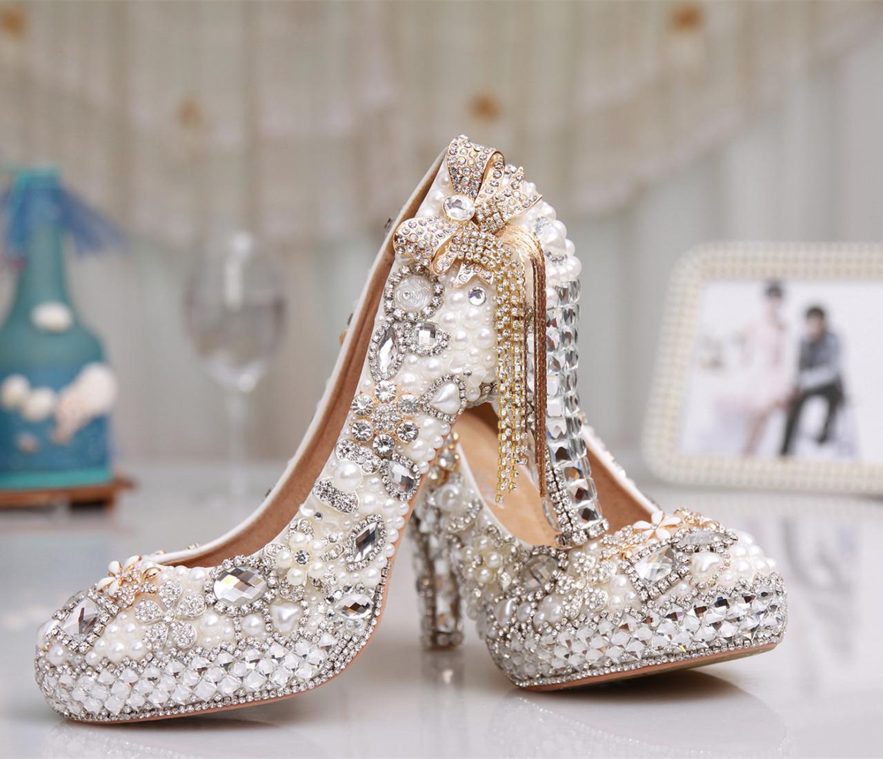Shinning Beading Crystal Platform Bowknot Tassels Super High Stiletto Heels Bridal Shoes（sh20170927013）