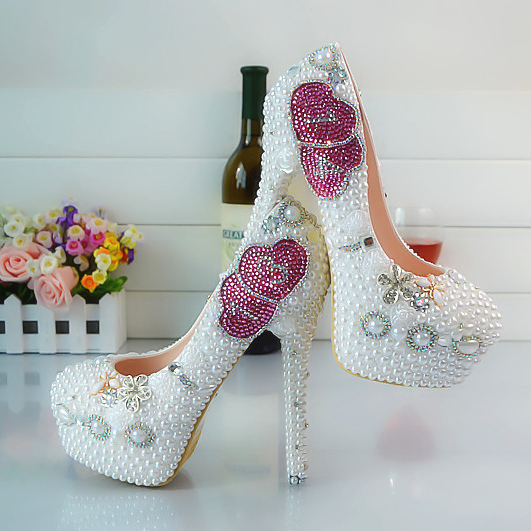 Crystal Beads Round Toe Low Cut Stiletto High Heels Party Bridal Shoes