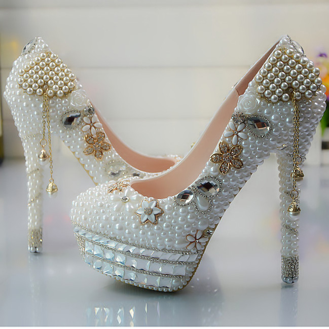 Crystal Beadings Round Toe Platform Stiletto High Heels Party Bridal Shoes