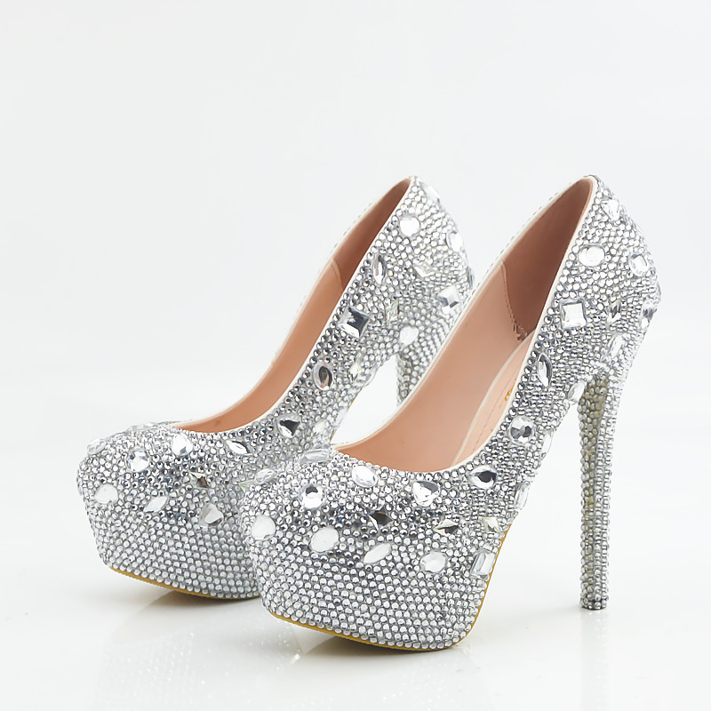 Crystal Rhinestones Round Toe Platform Super High Stiletto Heels Bridal Wedding Shoes