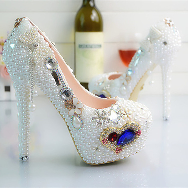 Crystal Beadings Bowknot Round Toe Platform Super High Stiletto Heels Bridal Wedding Shoes