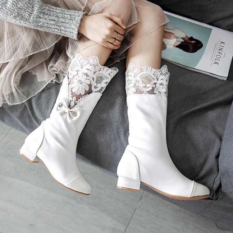 White/black Chunky Heel Round Toe Lace Mid Calf Boots
