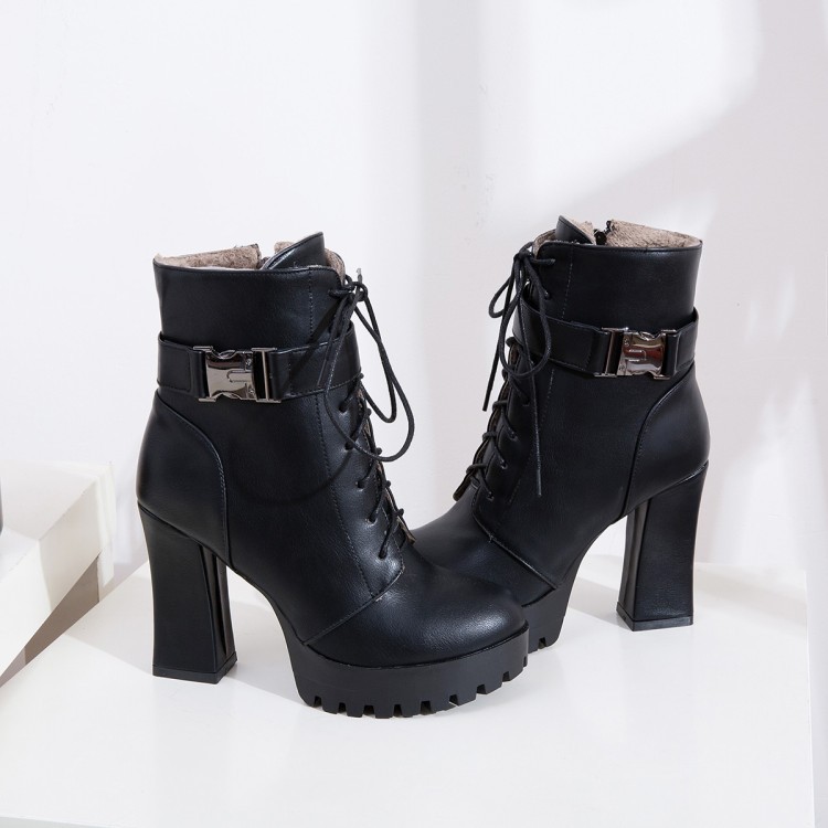 Pure Color Pu Chunky Heel Round Toe Lace-up Short Boots