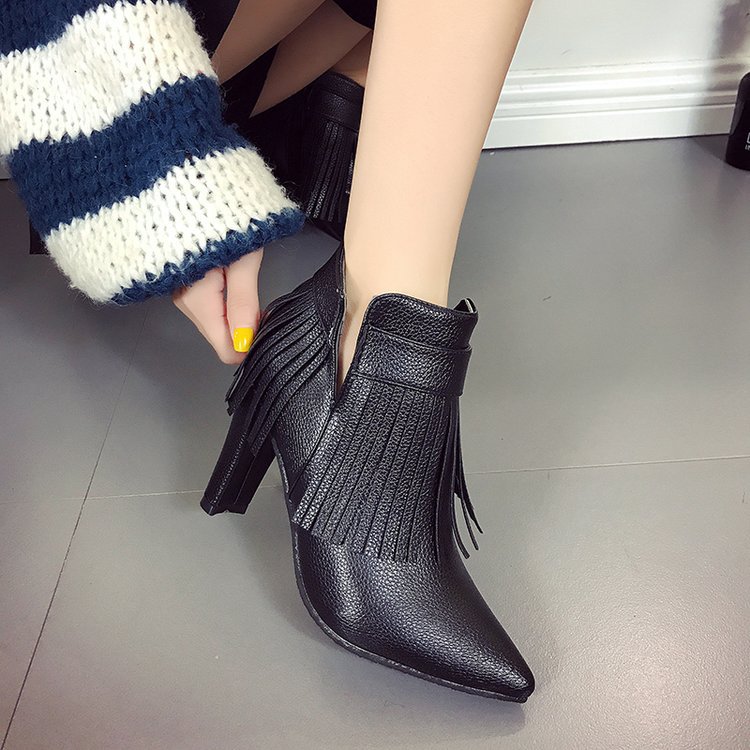 Pointed Toe High Heel Leather Ankle Boots with Fringe
