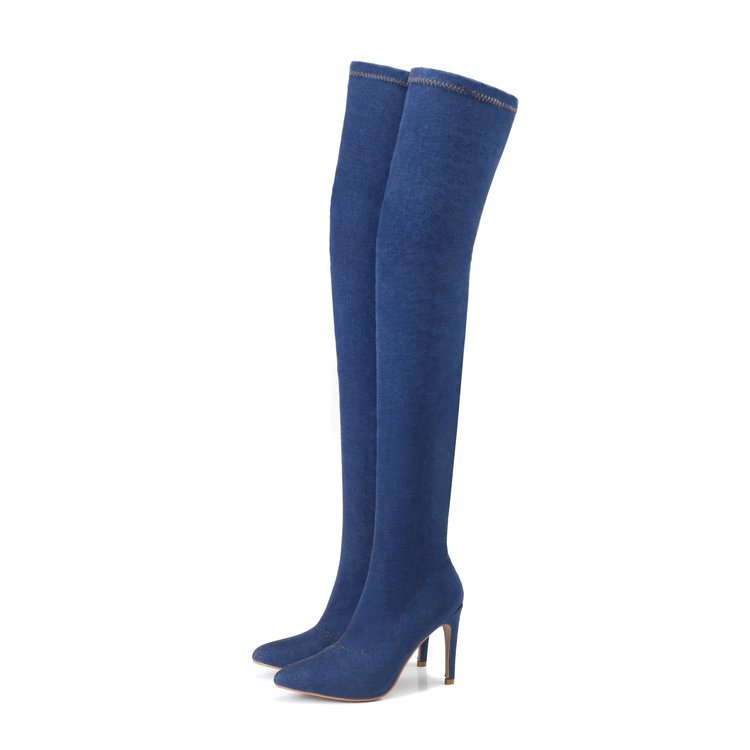 Denim Pointed-toe Over-the-knee High Heel Boots