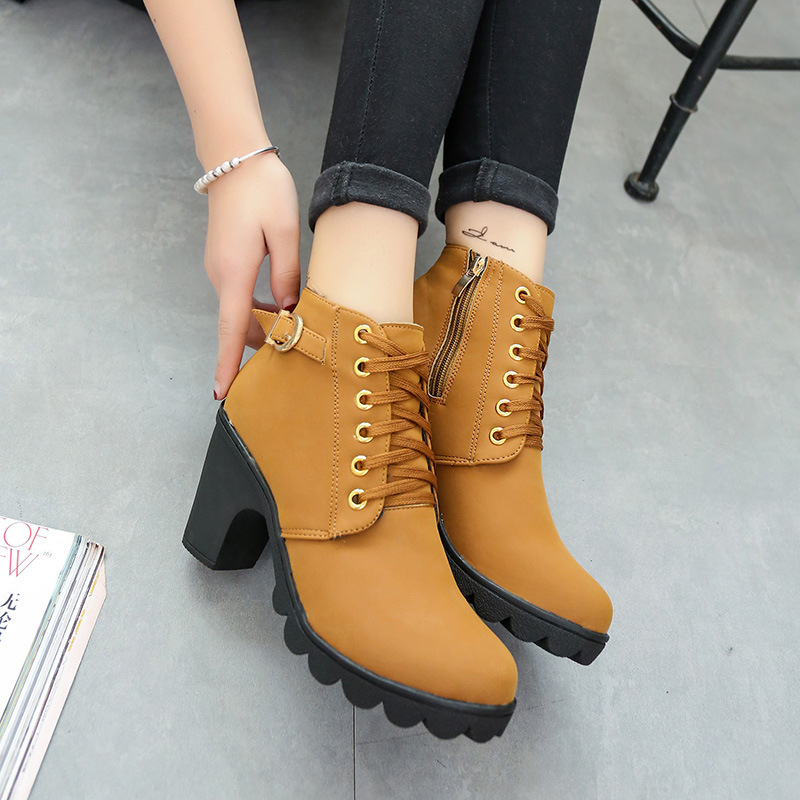 Chunky Heel Pu Round Toe Pure Color Lace-up Short Boots