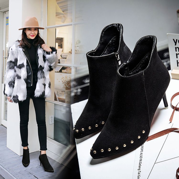 Rivet Embellished Faux Suede Pointed Toe High Heel Ankle Boots