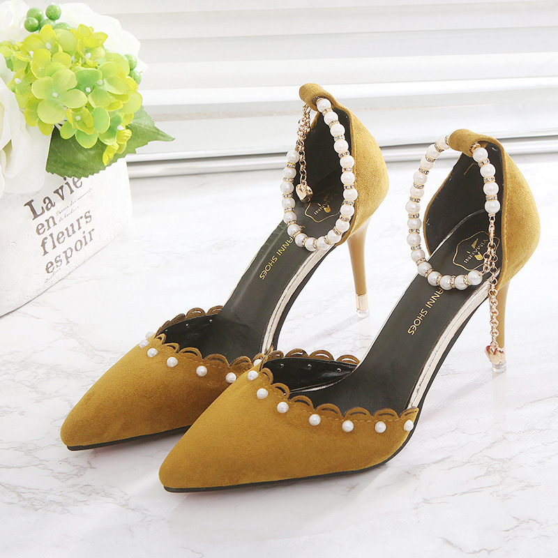 Suede Pointed Pearl Embellished Ankle Strap Stiletto High Heels