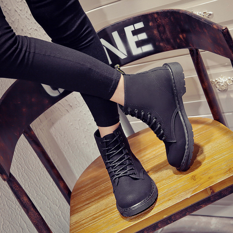 Suede Black Chunky Heel Round Toe Lace-up Short Retro Boots