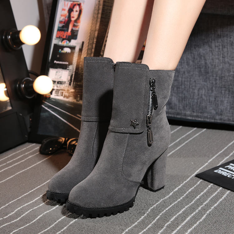 Suede Slanted Zipper Chunky Heeled Booties