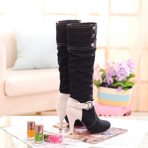 Cloth Stiletto Heel Patchwork Round Toe Long Boots