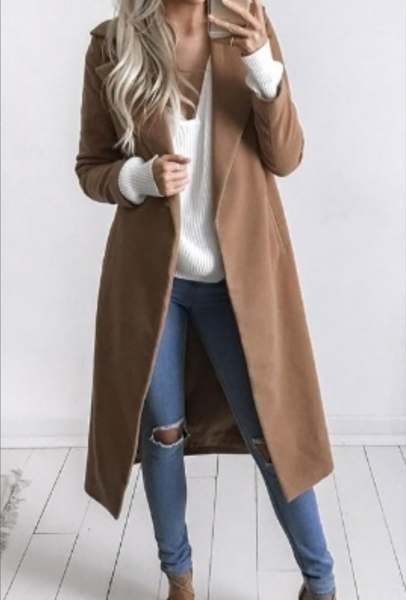 Lapel Collar Pockets Long Slim Woolen Coat（ct20170806020）