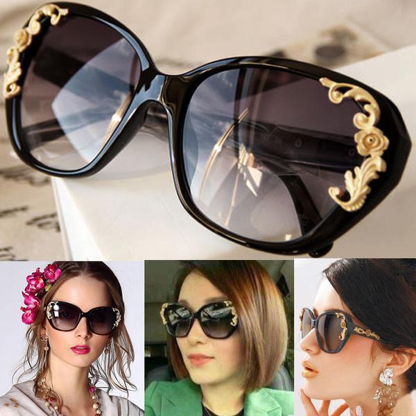 Women's Vintage Gold-tone Roses Carving Oversize Black Frame Sunglasses（15502）
