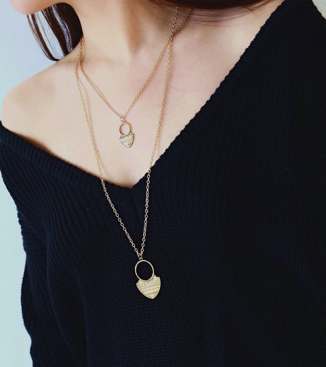 Alloy Carving Grain Moon Multilayer Necklace