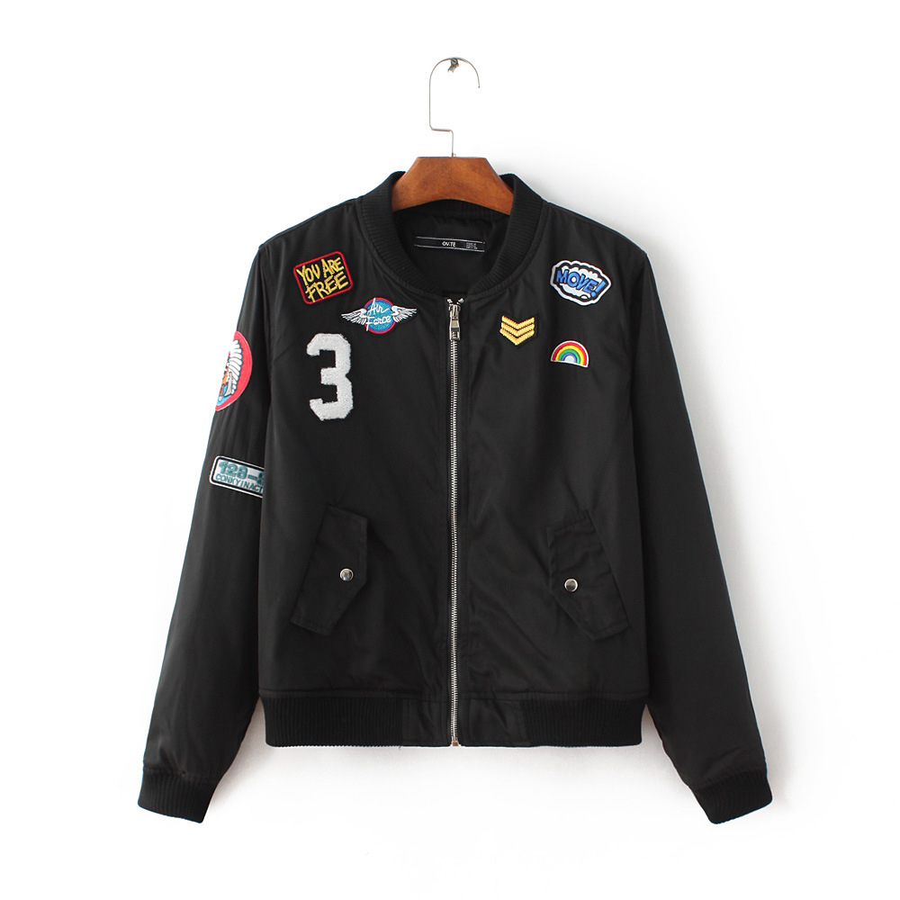 Black or Army Green Bomber Jacket, Baseball Jacket with Badge Applique and Pockets