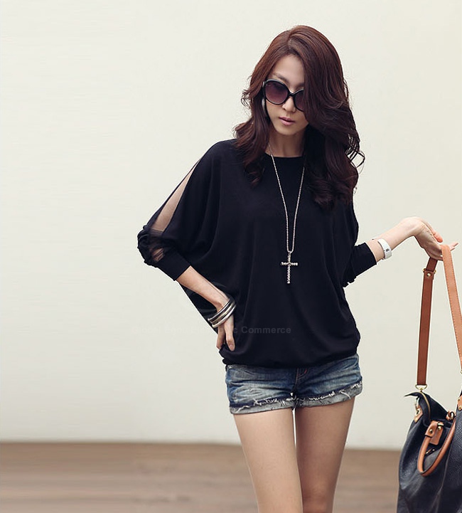 Loose-fitting Voile Splicing Long Batwing Sleeve T-shirt