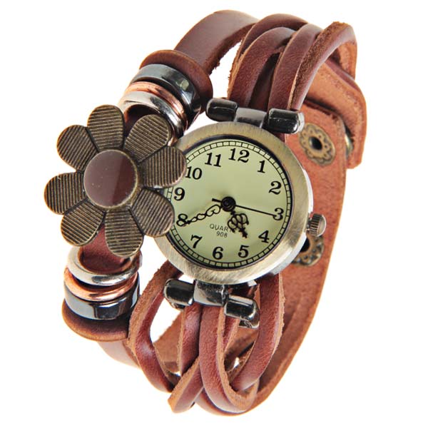 Round Dial Leather Watch Band Watch