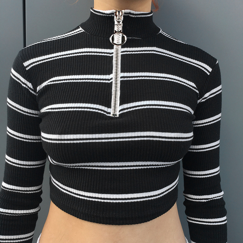 Stripes Ribbed Knit Mock Neck Long Sleeves Crop Top Featuring Zipper Front
