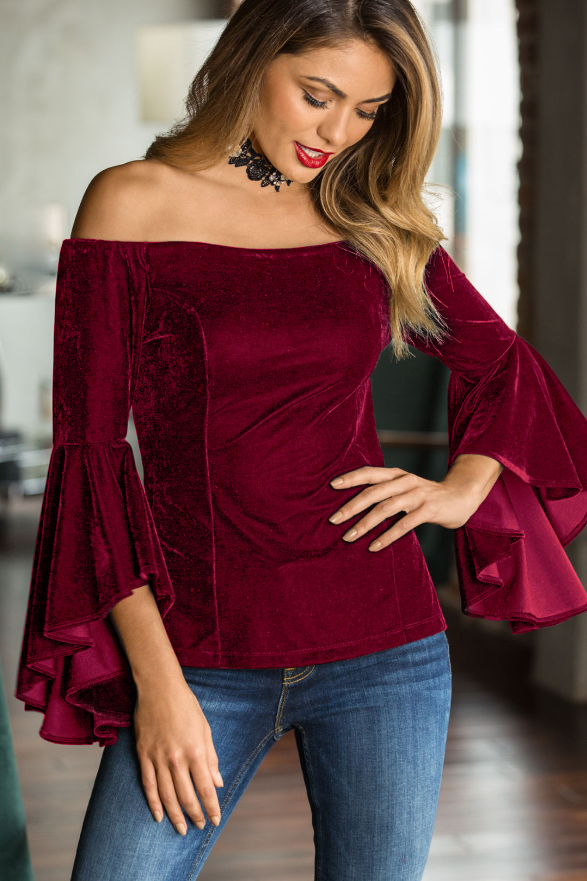 Burgundy Velvet Off-the-shoulder Long Ruffled Flared Sleeves Top