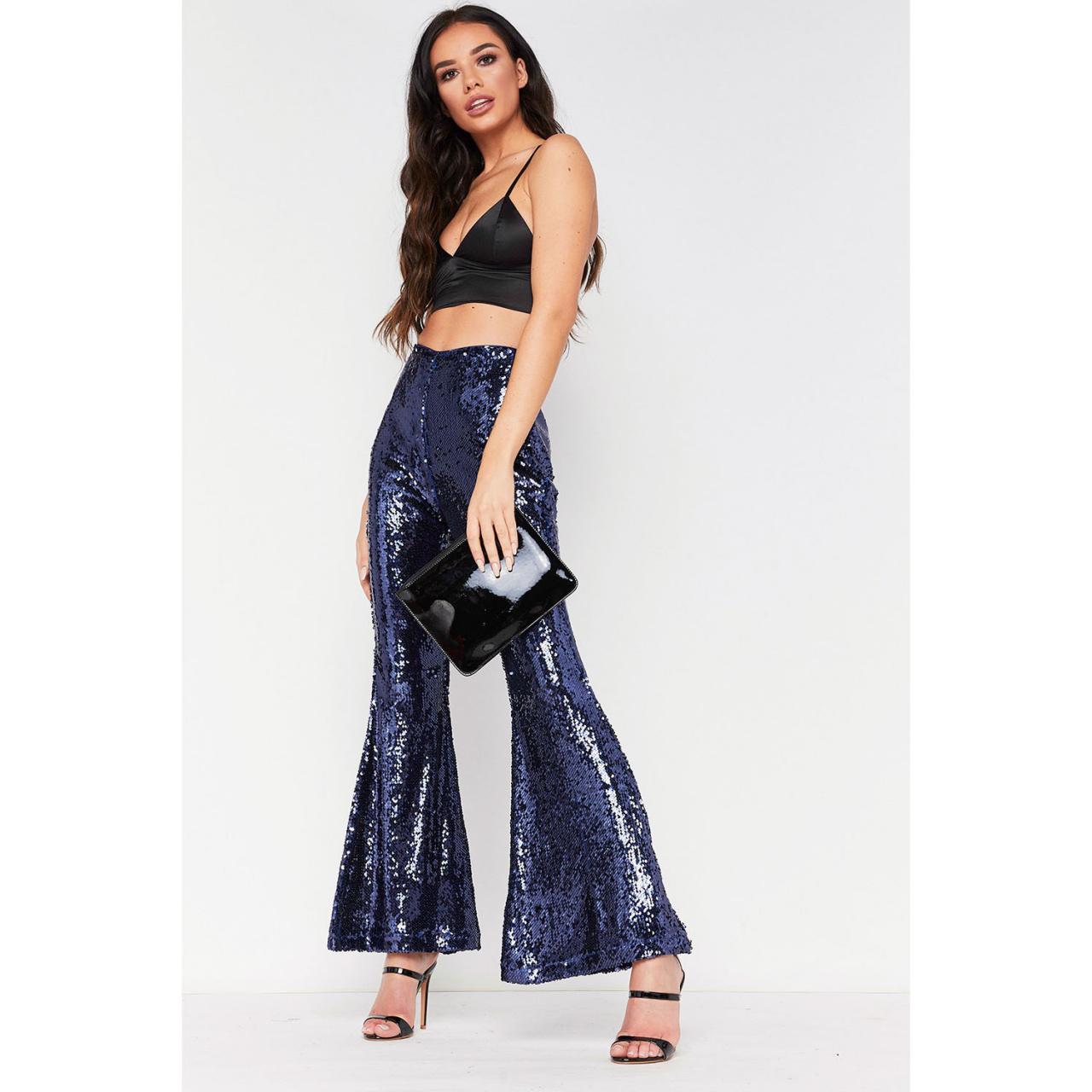 Shinning Sequins High Waist Solid Color Long Bell-bottomed Pants