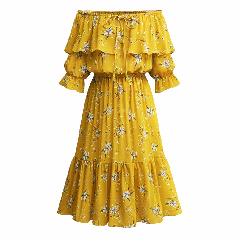 Mustard Yellow Floral Print Chiffon Off-the-shoulder Half Sleeves Midi A-line Dress