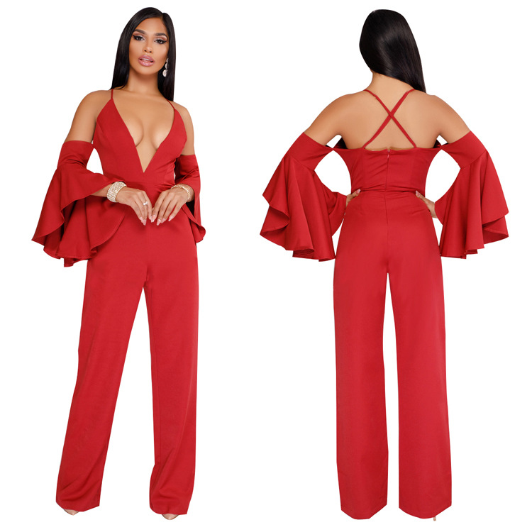 Loose 3/4 Trumpet Sleeves V-neck Spaghetti Straps Long Wide-leg Jumpsuits