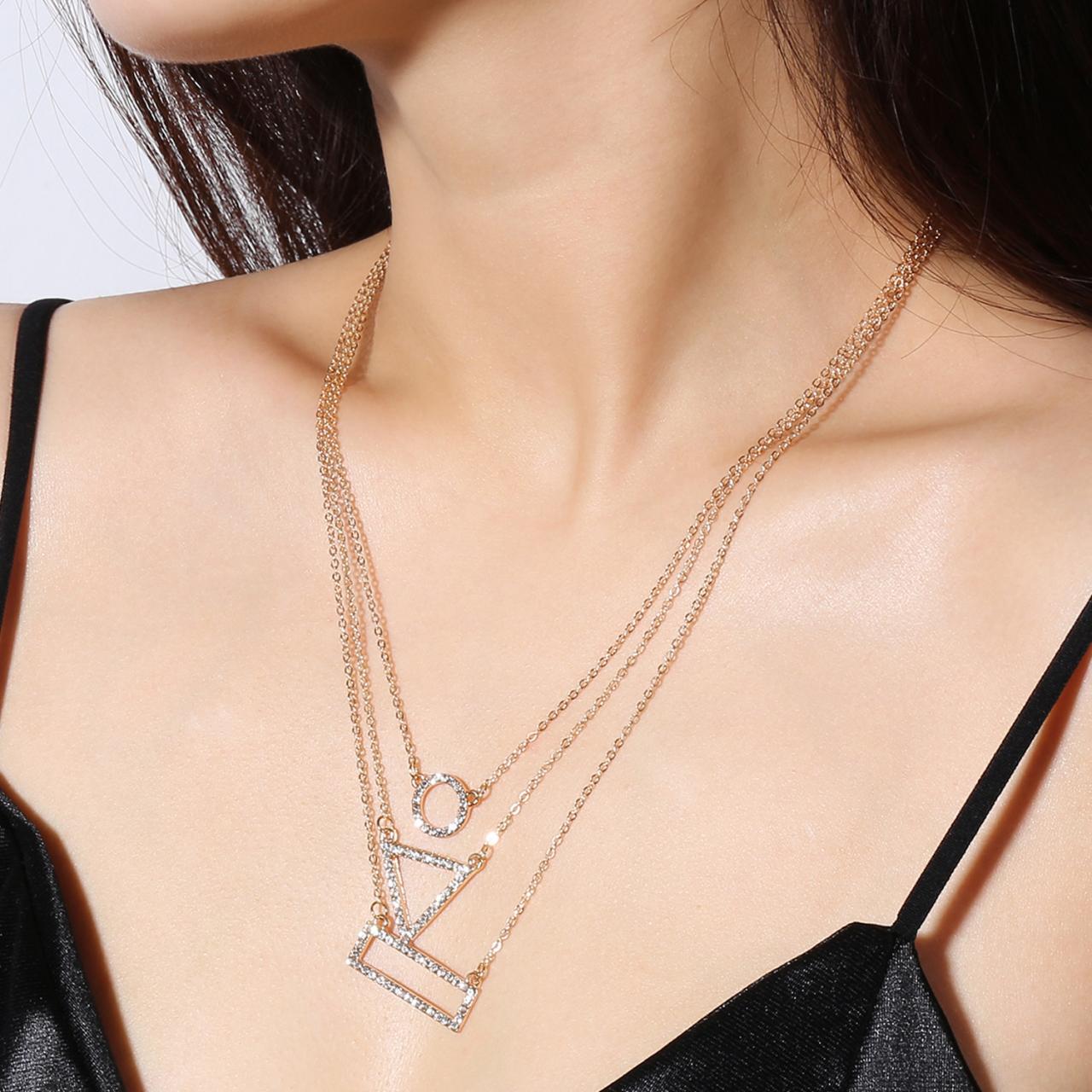 Geometric Crystal Embellished Layered Statement Necklace