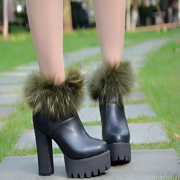Faux Fur Decorate Side Zipper Platform Super High Heel Ankle Boots