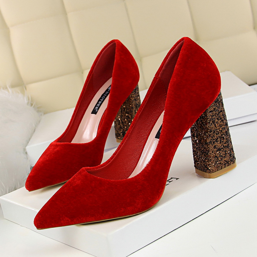 Pointed Toe Suede Sequins Chunky Heel High Heels Party Shoes