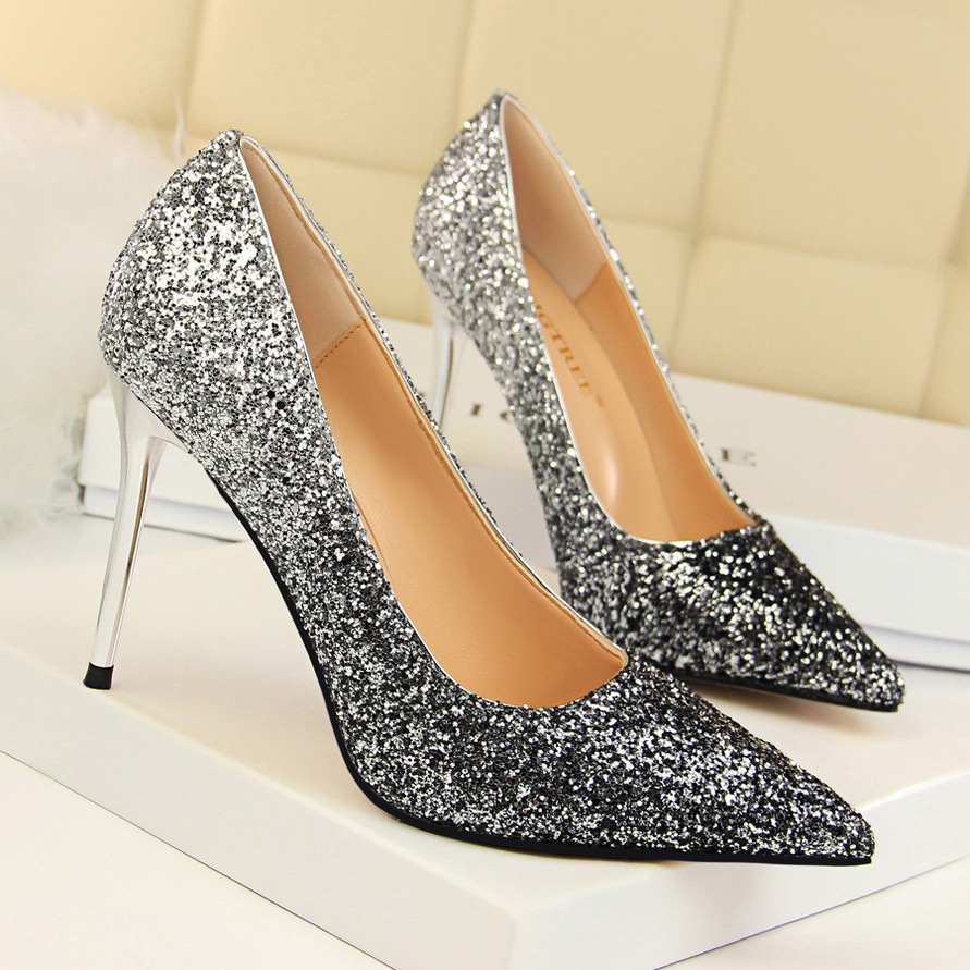 Shinning Sequins Pointed Toe Stiletto High Heels Party Dress Shoes on ...
