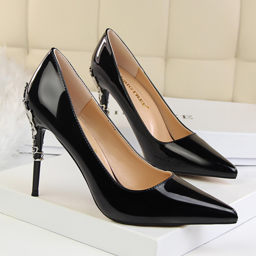 Patent Leather Pointed-Toe High Heel Stilettos Featuring Metal ...