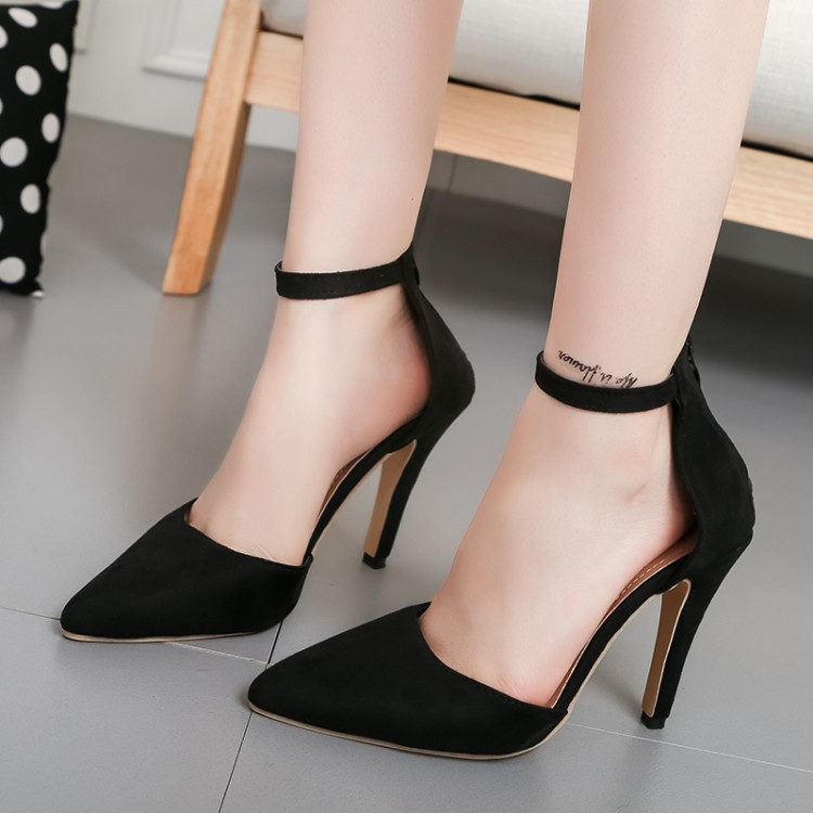 Faux Black Suede Pointed-Toe Ankle Strap High Heels Featuring Zipper Back