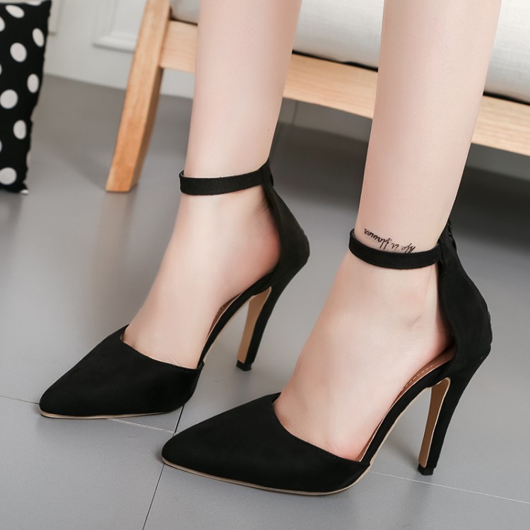 Faux Black Suede Pointed toe Ankle Strap High Heels Featuring Zipper Back