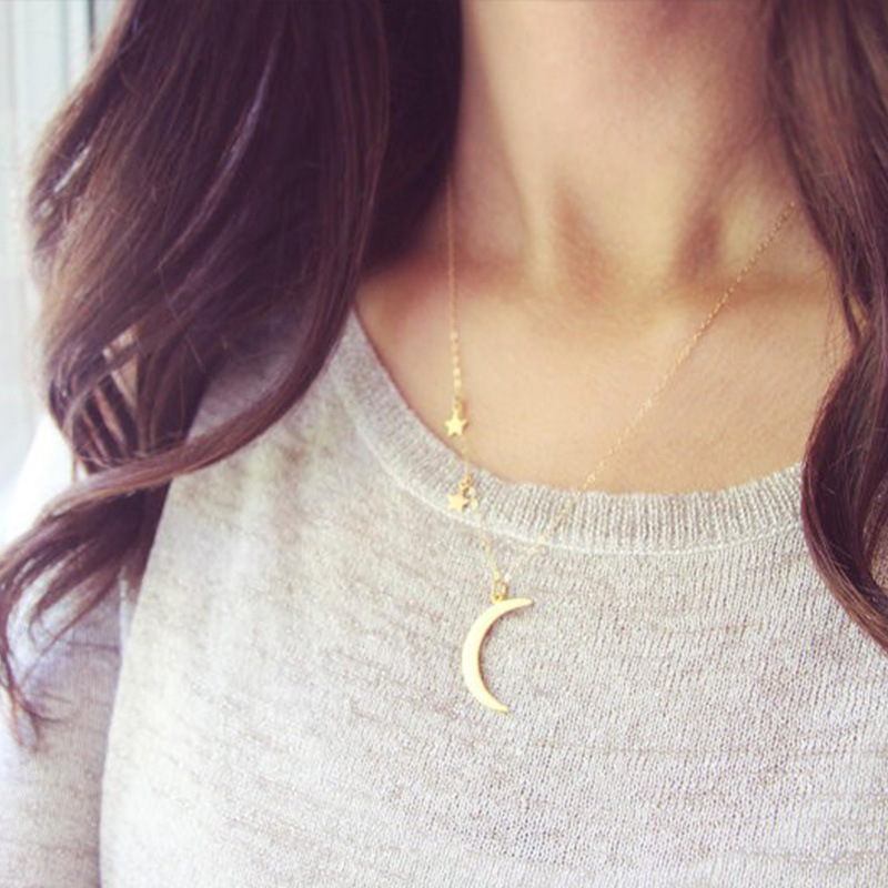 Romantic Couple Metal Moon Star Combination Clavicle Necklace