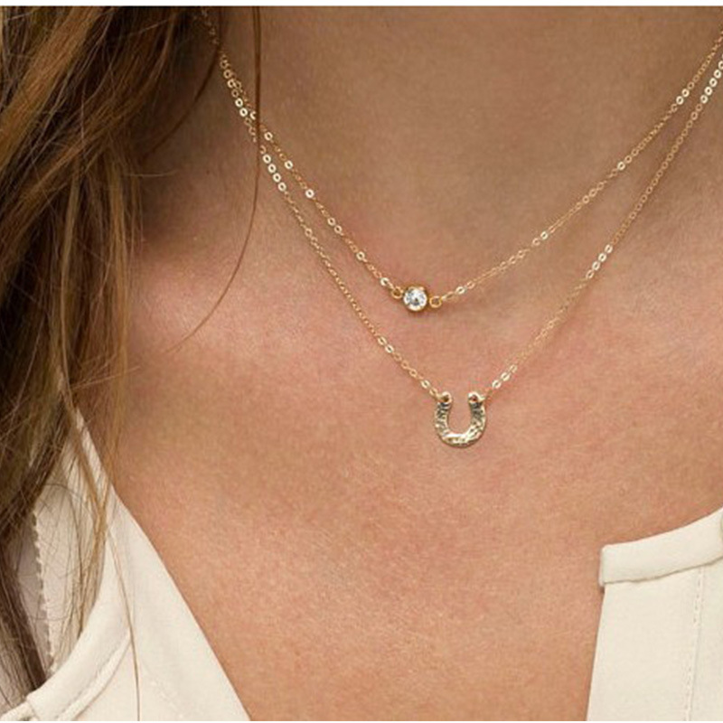 Gold Crystal And Horse Shoe Double Layered Necklace