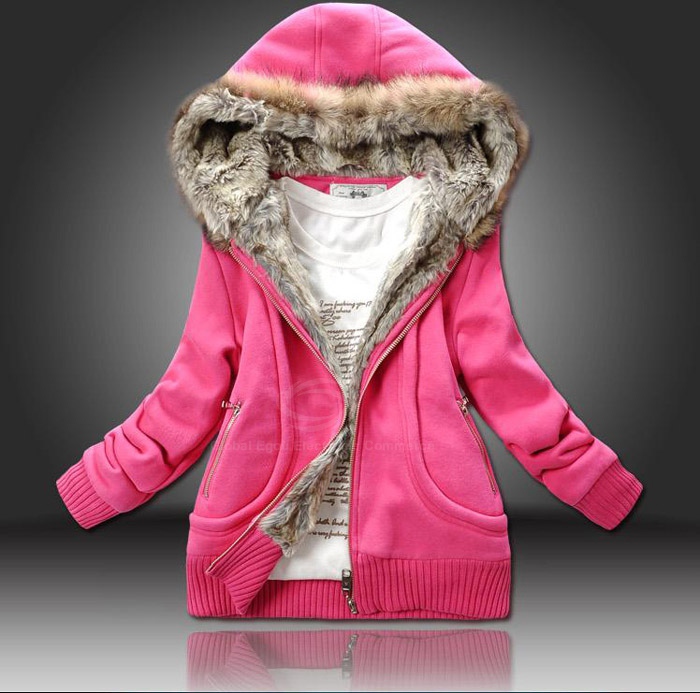 Plus Size Artificial Wool Hooded Zipper Women's Cotton Trend Coat