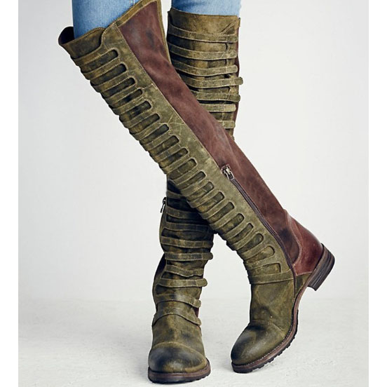Patchwork Loose Boot Round Toe Flat Over The Knee Boots on Luulla