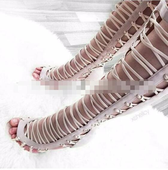 Straps Hollow Out Open Toe High Heel Thigh High Boot Gladiator Sandals