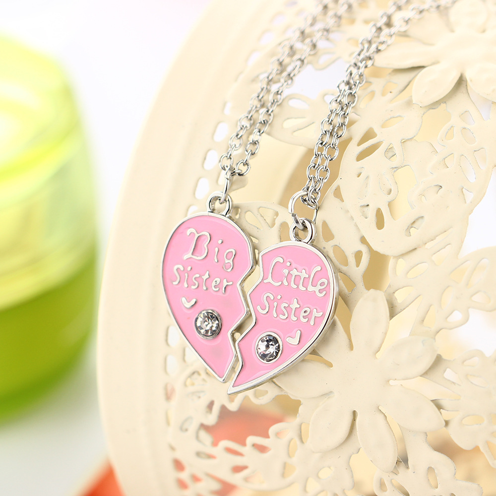 Peach Heart With Diamond Sister Pendant Set Necklace