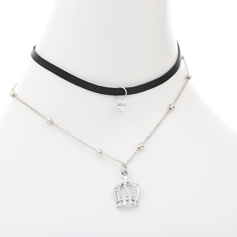 Crown Pendant Leather Strap Alloy Clavicular Necklace