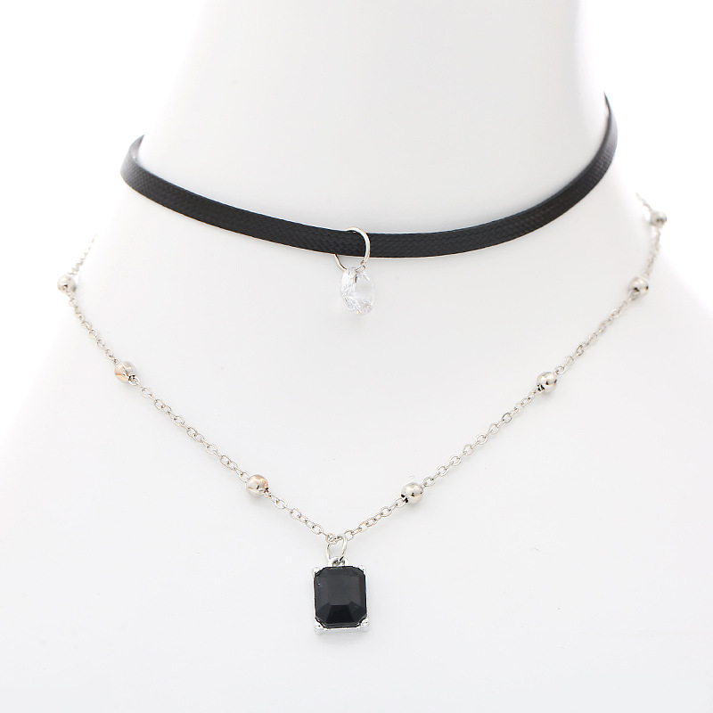 Square Drill Leather Strap Alloy Clavicular Necklace