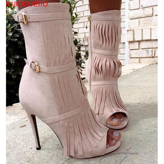 Tassels Stiletto Heel Round Toe High Heel Ankle Boot Sandals Party Shoes
