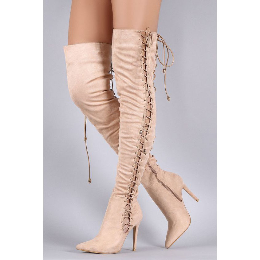 Side Straps Lace Up Suede Stiletto Heel Pointed Toe Over The Knee Long Boots