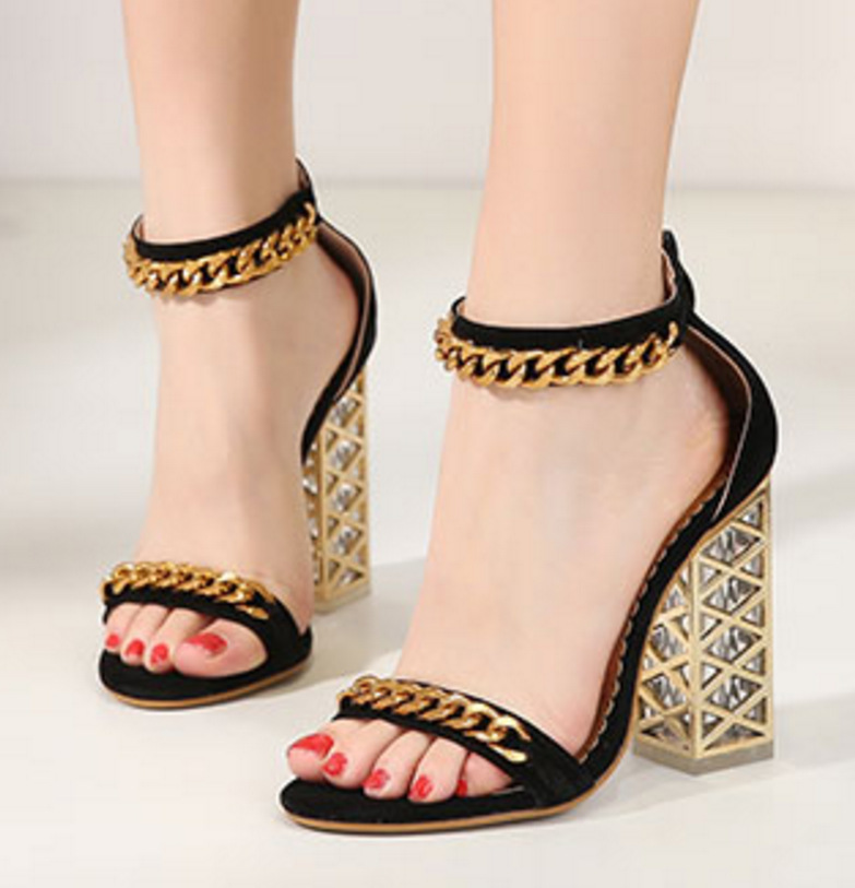 Metal Chain Simple Open Toe Ankle Wrap High Chunky Heel Sandals
