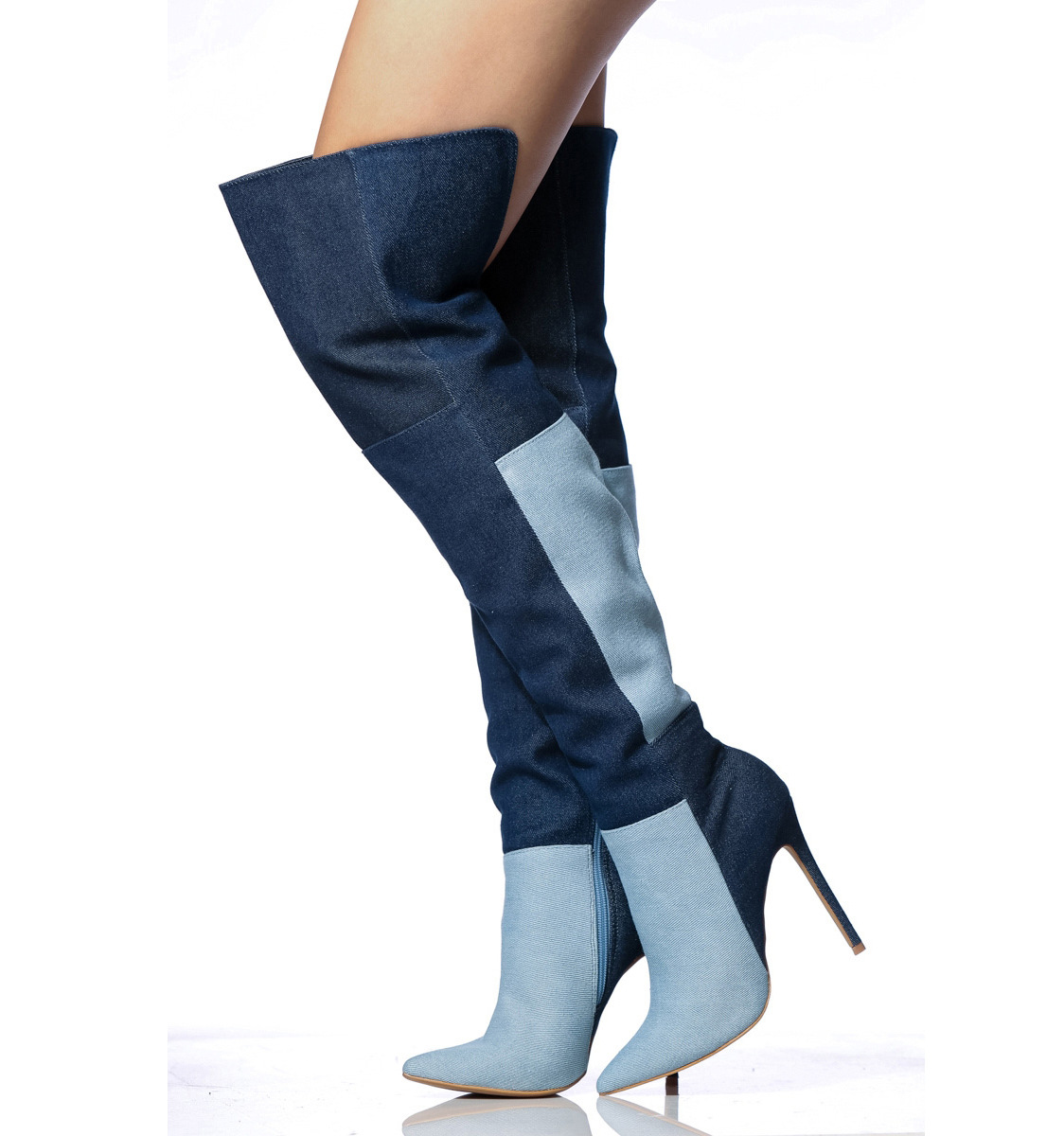 Patchwork Color Block Denim Stiletto High Heel Pointed Toe Over The Knee Long Boots