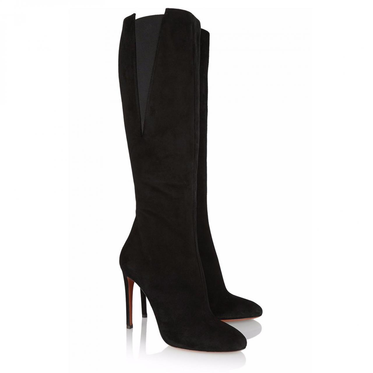 Black Faux Suede Pointed-toe Knee High Stiletto Heel Boots Featuring Side Zipper