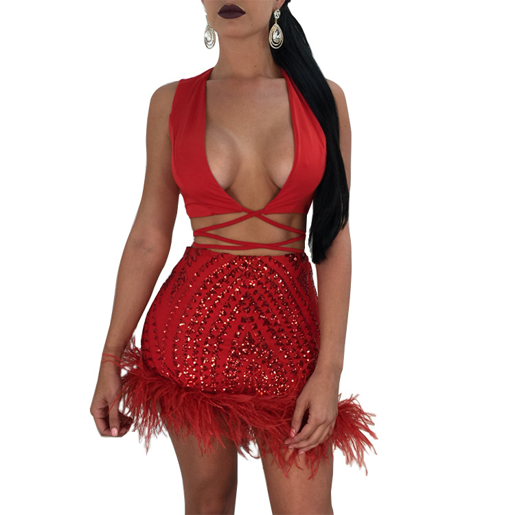 Deep V-neck Cami Top Fur Irregular Short Skirt Two Pieces Dress Outfits on  Luulla