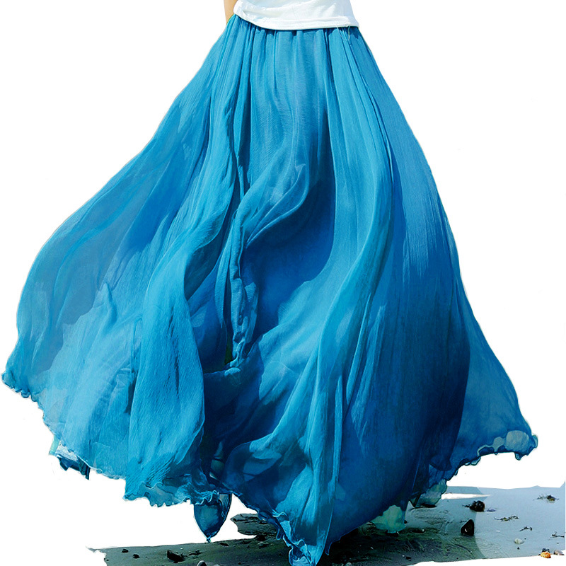Pure Color Big Hemline High Waist Long Swing Beach Chiffon Skirt