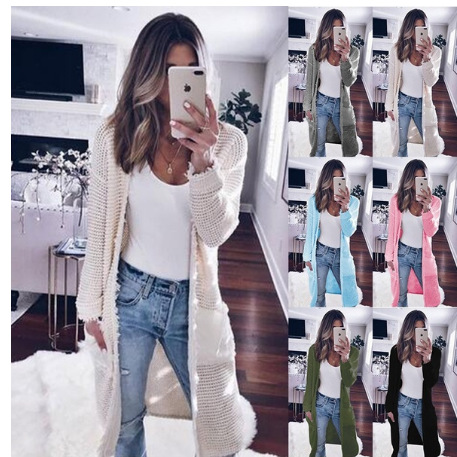 Solid Color Pockets Long Length Oversized Women Knit Cardigan