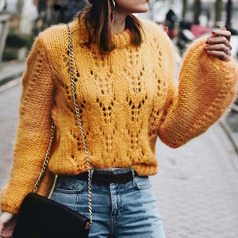 Crew Neck Hollow Out Knit Long Bishop Lantern Sleeves Chunky Women